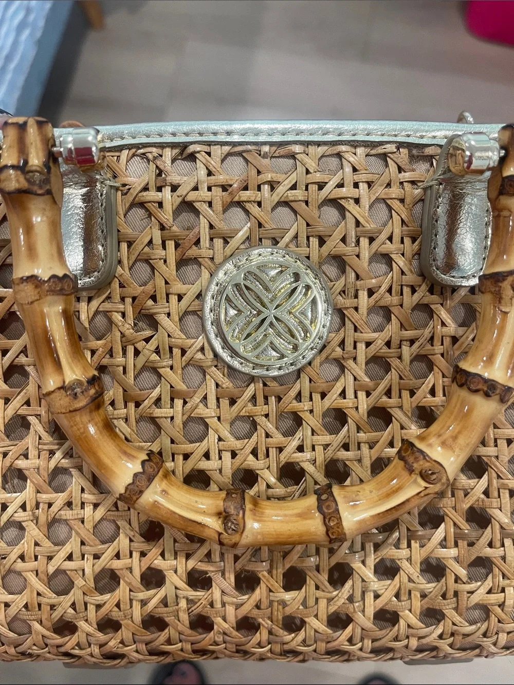 Lilly Pulitzer Woven Bamboo-Handle Satchel in Tan and Gold